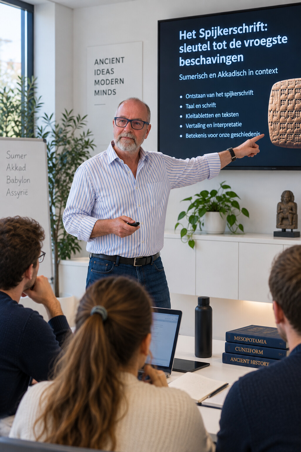 Rinus van Hagen tijdens een college over Mesopotamië en het spijkerschrift