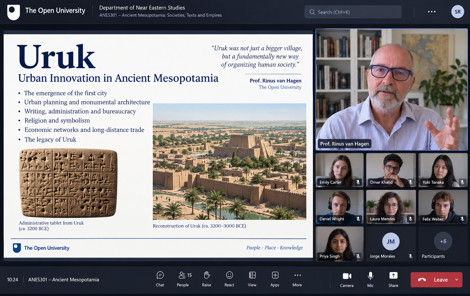Een online college over Uruk met studenten